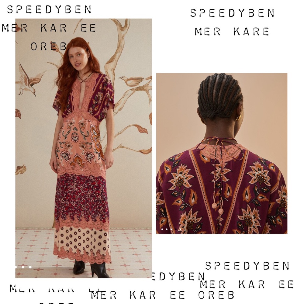 FARM RIO Glam Tapestry Burgundy Laces Short Sleeve Maxi Dress